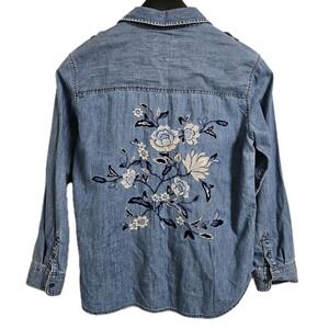 American Eagle Oversized Fit Denim Button Up Shirt Womens Sm Embroidered Boho